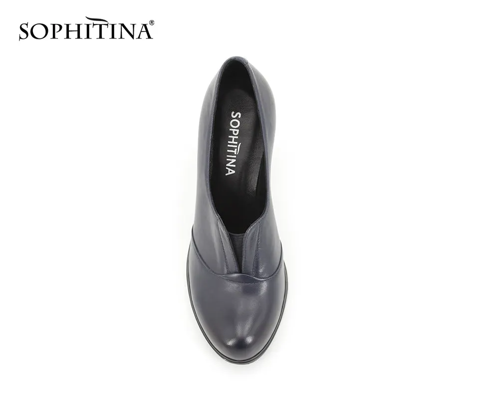 SOPHITINA Slip-on Classics sheepskin Dress Pumps Genuine Leather Dark Blue Super high Square heel high quality shoes women