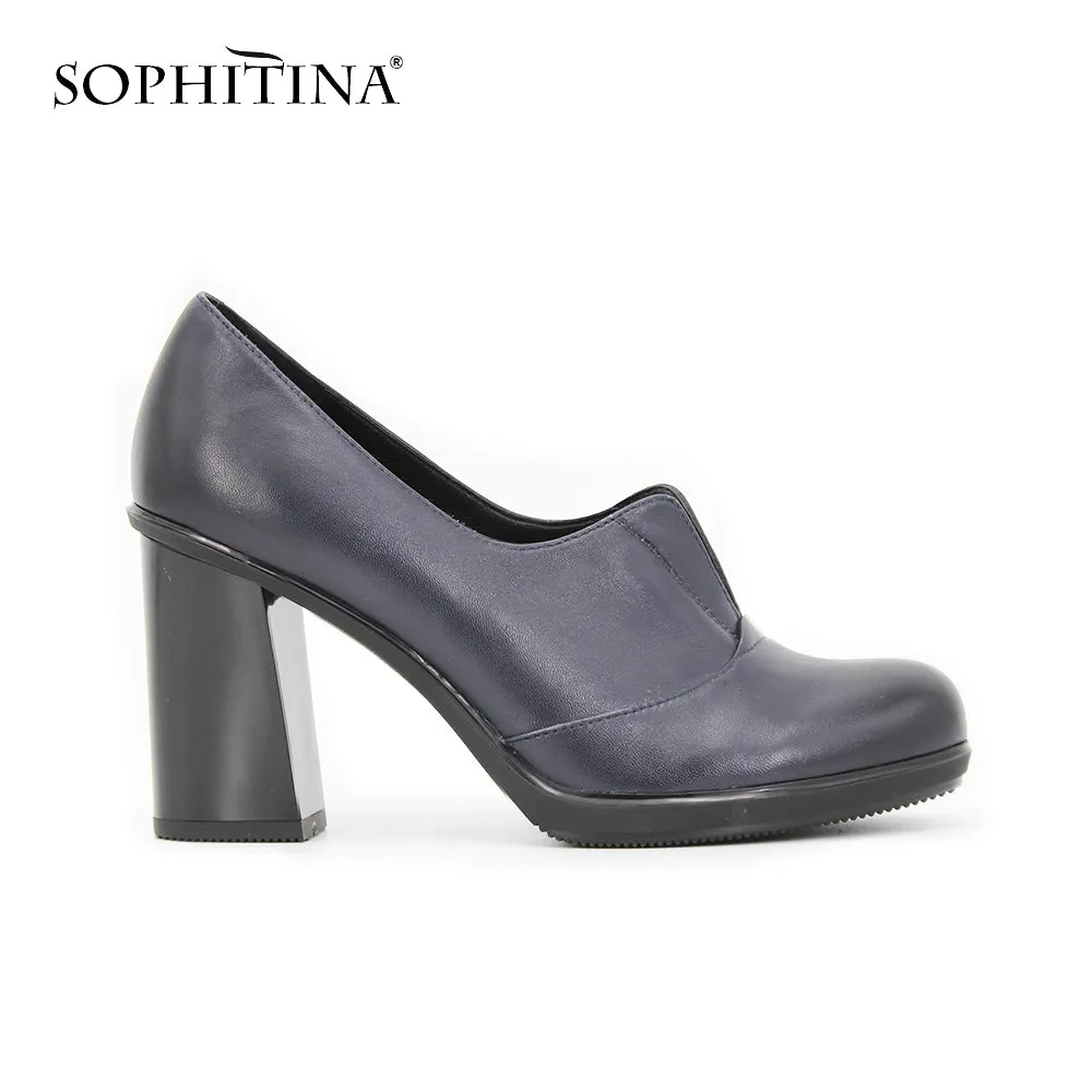 SOPHITINA Slip-on Classics sheepskin Dress Pumps Genuine Leather Dark Blue Super high Square heel high quality shoes women