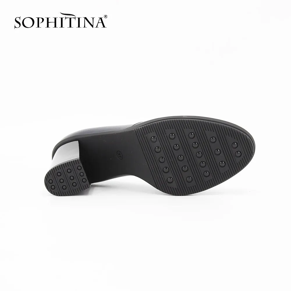 SOPHITINA Slip-on Classics sheepskin Dress Pumps Genuine Leather Dark Blue Super high Square heel high quality shoes women