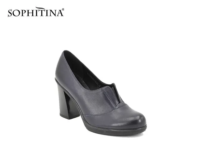 SOPHITINA Slip-on Classics sheepskin Dress Pumps Genuine Leather Dark Blue Super high Square heel high quality shoes women