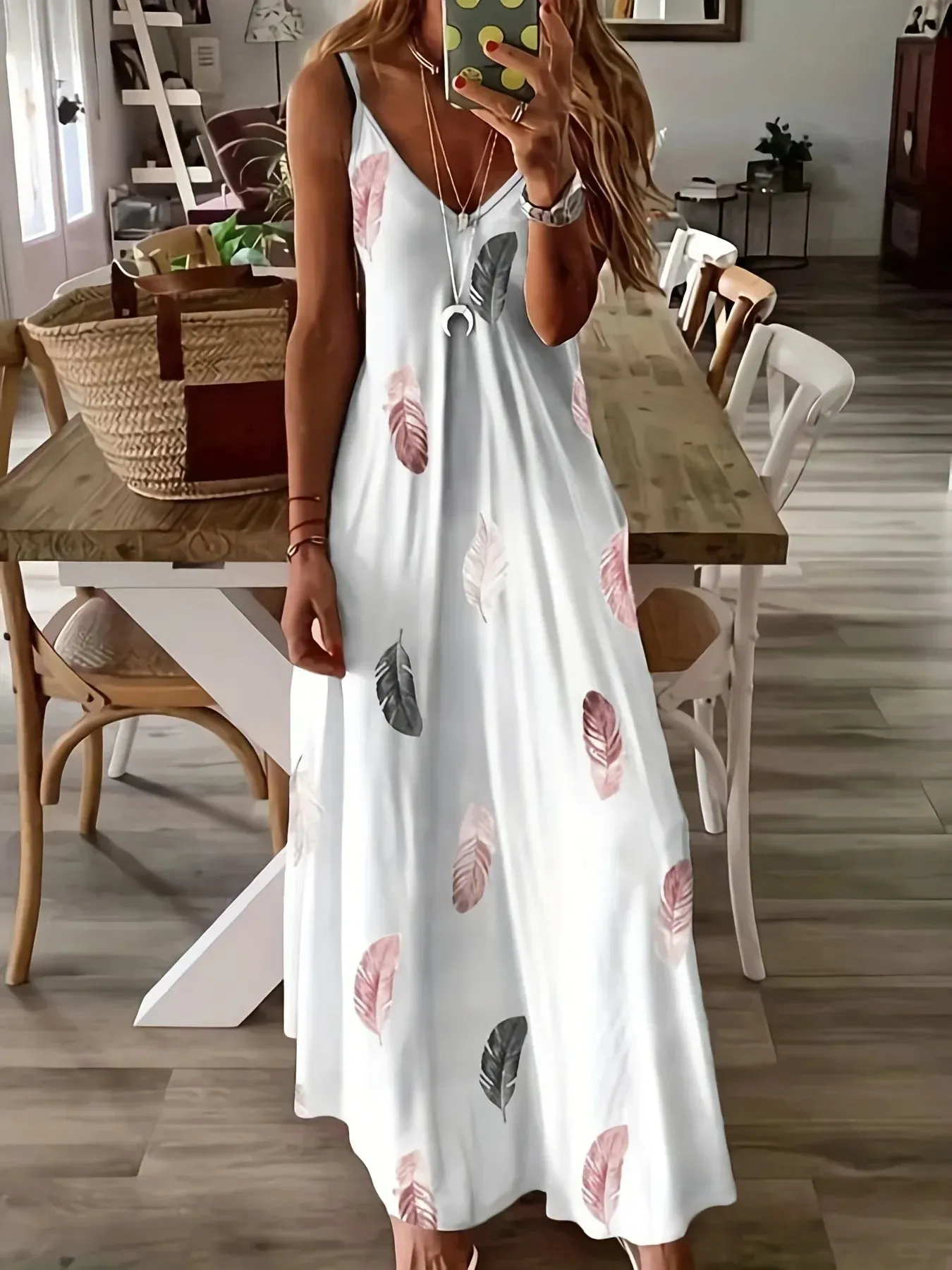 Summer A-Line V-Neck Feather Print Swing Dress for Women