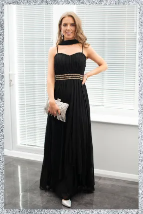 Sweetheart Neckline Embellished Waist Band Gown- Black