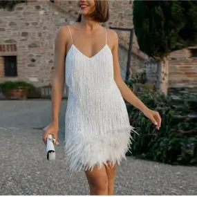 Trendy Sequin Tassel Feather Mini Dress with Spaghetti Straps & Slim Fit Silhouette