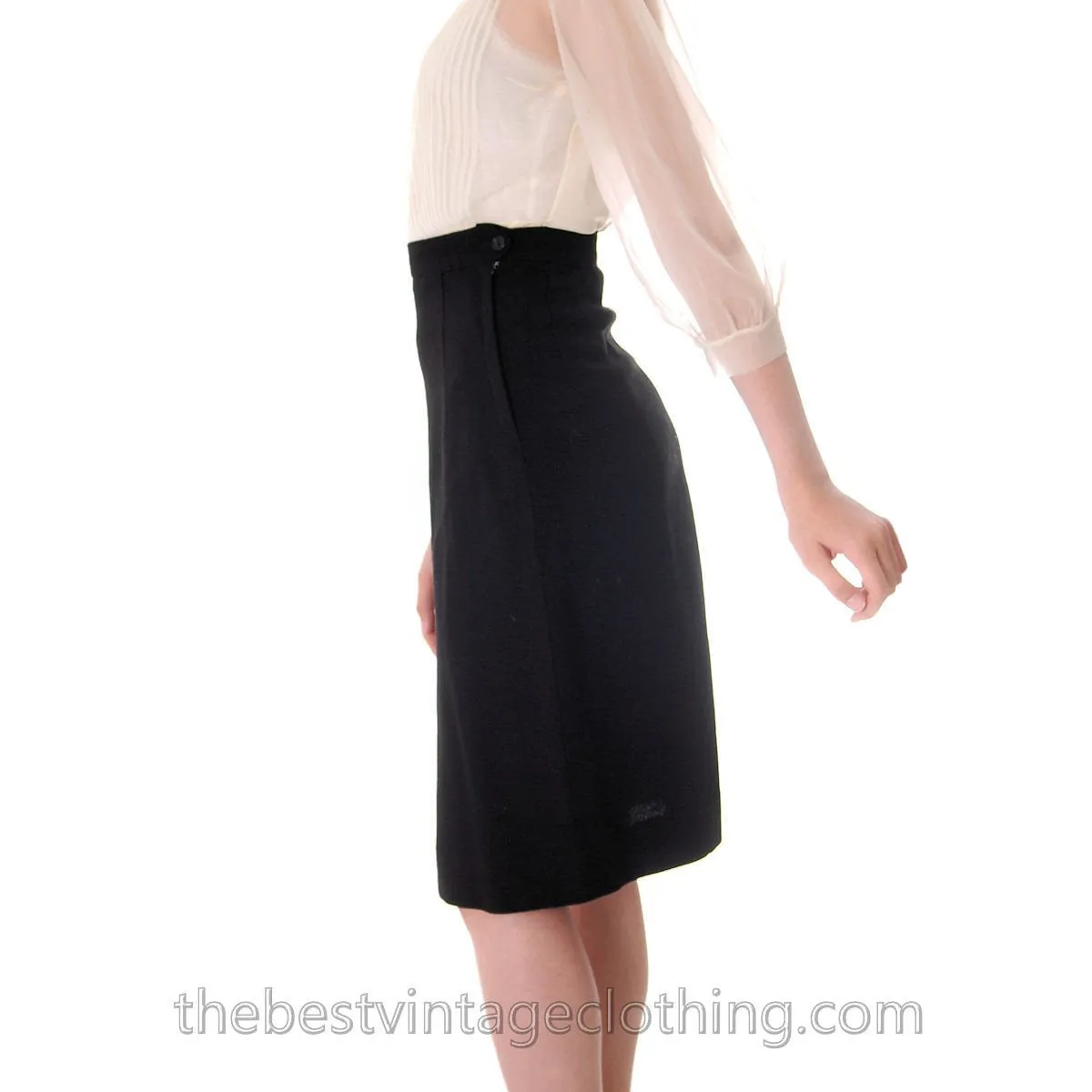 Vintage Black Wool Pencil Skirt Small Unique Front  Slit 1950s